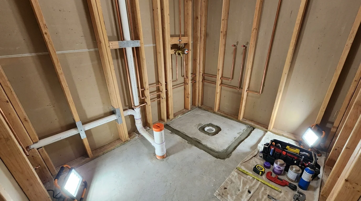 Bathroom rough-in plumbing during remodel by Johns Plumbing LLC in London