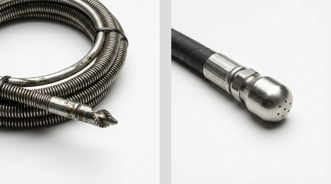 Drain snake cable and hydro jetting nozzle used for drain cleaning in London, AR