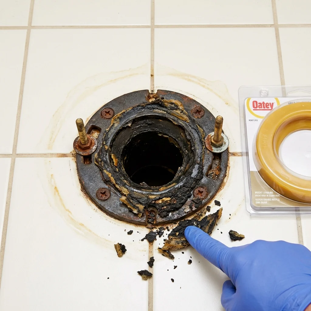 Failed wax ring showing water seepage at the base of a toilet in a London, AR home