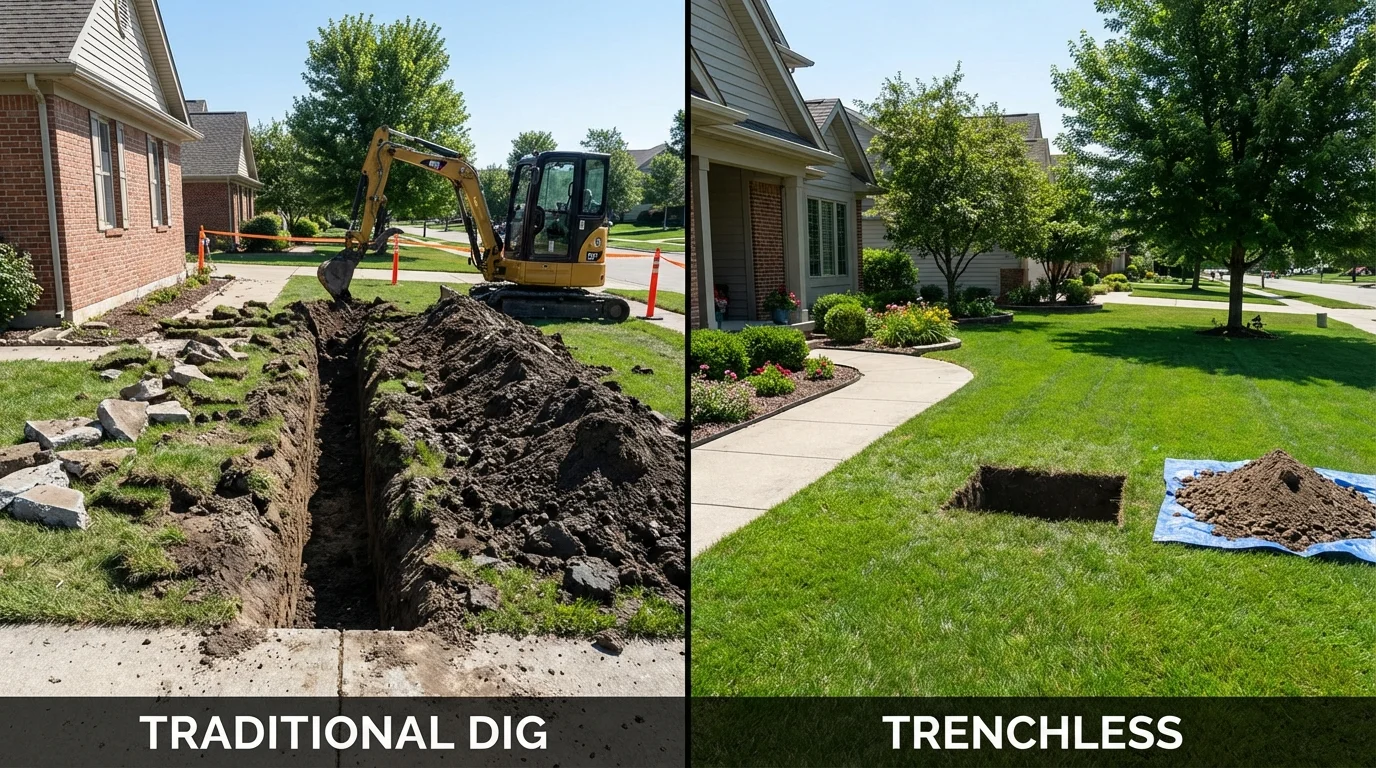 Trenchless sewer repair with minimal yard damage versus traditional excavation in London, AR