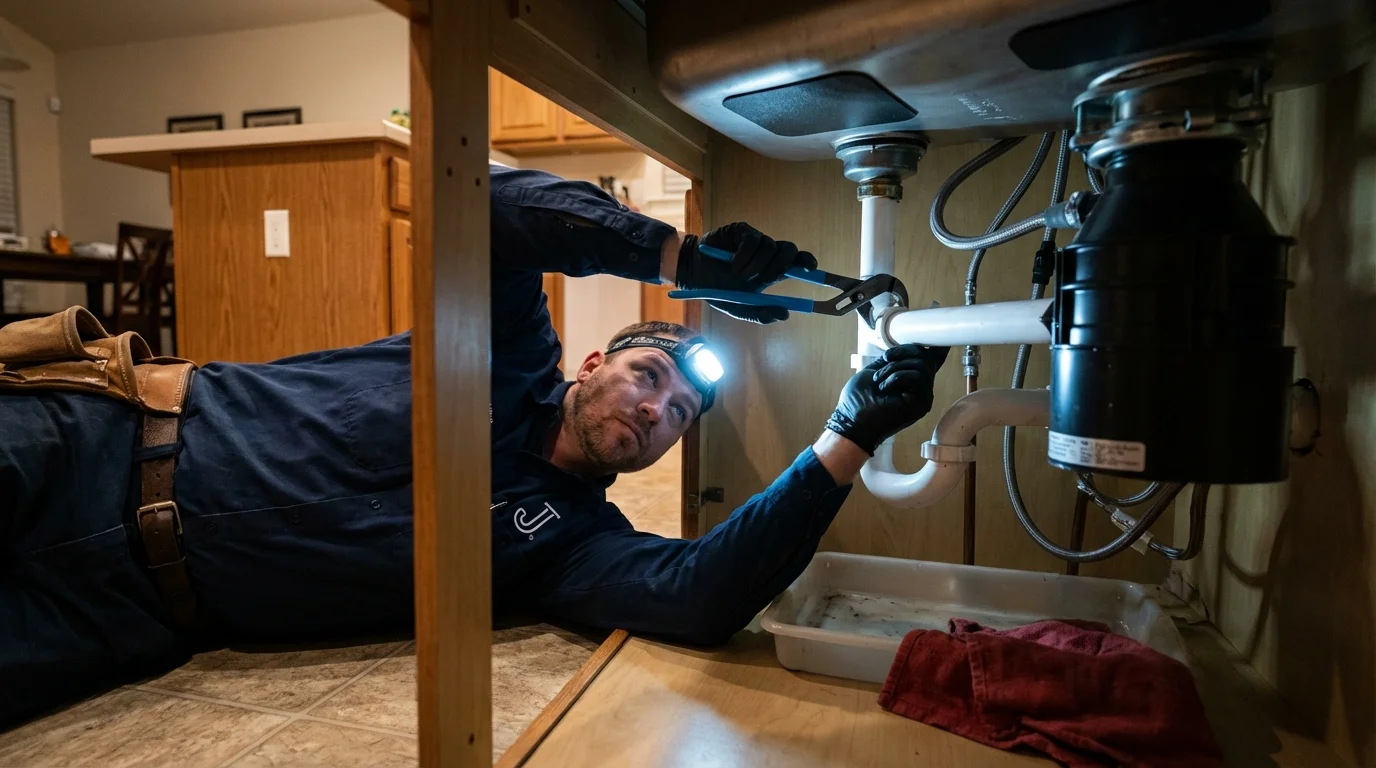 P-trap and supply line connections under a kitchen sink showing a common leak point in London, AR